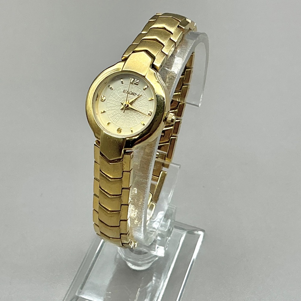 Elgin Watch Womens EG386 Gold Tone Pattern Dial 22mm 7" NEW BATTERY